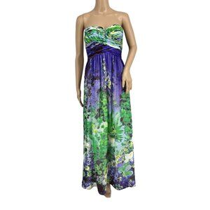 Aidan Mattox silk maxi formal dress 2 strapless watercolor green purple yellow